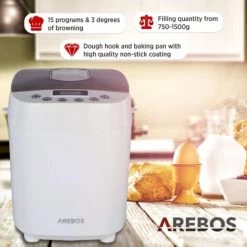 AREBOS Bread Maker 1500g With 15 Programs 2 Dough Hooks Timer LCD Display 3 Browning Degrees And Bread Sizes 850 W White -Kitchen Appliances Discounts 28598327 3