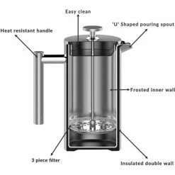 French Press Cafetiere Steel Coffee Maker FREE Filters & Spoons 350ml M&W -Kitchen Appliances Discounts 32126984 5