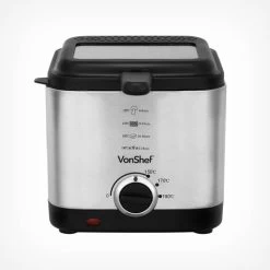 VonShef Deep Fat Fryer- Stainless Steel 1.5L Fryer With Easy To Use Adjustable Temperature Control, Indicator Lights, Observation Window, Non-Stick Removable Basket For Easy Clean & Non-Slip Feet