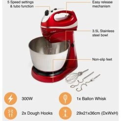VonShef 2 In 1 Twin Hand & Stand Mixer - 300W Electric, Multifunctional, Red Mixer With 5 Speeds & Turbo Button, 3.5L Bowl & Removable, Dishwasher Safe Attachments (2X Beaters, 2X Dough Hooks & Whisk) -Kitchen Appliances Discounts 54924560 3