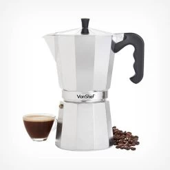 VonShef Aluminium Stovetop Coffee Maker 12 Cup (600ml) - Italian Style Espresso Maker Moka Pot For Ground Coffee Cappuccinos, Lattes, Flat Whites - Includes A Free Replacement Gasket And Filter