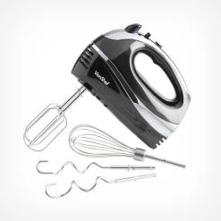 VonShef Professional 300W Hand Mixer, Black, Includes Chrome Beaters, Dough Hooks, Balloon Whisk + 5 Speed With Turbo Button