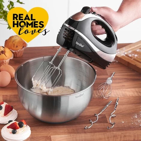 VonShef Professional 300W Hand Mixer, Black, Includes Chrome Beaters, Dough Hooks, Balloon Whisk + 5 Speed With Turbo Button 5 VonShef Professional 300W Hand Mixer, Black, Includes Chrome Beaters, Dough Hooks, Balloon Whisk + 5 Speed With Turbo Button - Image 3