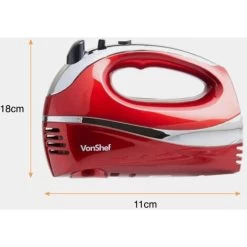 VonShef Professional 300W Hand Mixer, Red, Includes Chrome Beaters, Dough Hooks, Balloon Whisk + 5 Speed With Turbo Button -Kitchen Appliances Discounts 54925029 2
