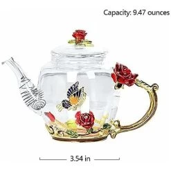 Glass Teapot - 280 Ml - France Enamel Rose Flower Butterfly Decoration Heat Resistant Glass Teapot Kettle With Strainer For Blooming Tea Loose Leaf Tea (Red, Single Teapot) -Kitchen Appliances Discounts 60699773 4