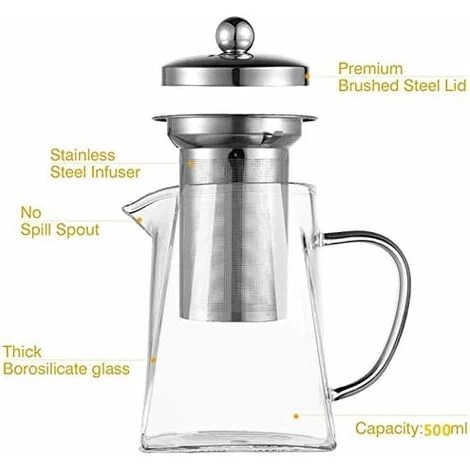 Square Glass Teapot With Infuser, 500 Ml Borosilicate Tea Pot With Strainer, Clear Leaf Tea Pots For Loose Tea 7 Square Glass Teapot With Infuser, 500 Ml Borosilicate Tea Pot With Strainer, Clear Leaf Tea Pots For Loose Tea - Image 5