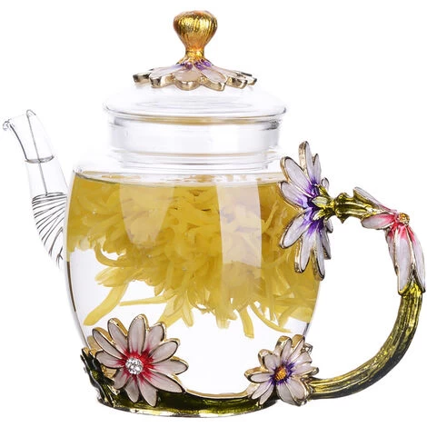 Glass Teapot - 280 Ml (9.47 Oz) - Glass Teapot With France Enamel Chrysanthemum Flower/Heat Resistant Glass Teapot Kettle With Strainer For Blooming Tea, Loose Leaf Tea 3 Glass Teapot - 280 Ml (9.47 Oz) - Glass Teapot With France Enamel Chrysanthemum Flower/Heat Resistant Glass Teapot Kettle With Strainer For Blooming Tea, Loose Leaf Tea