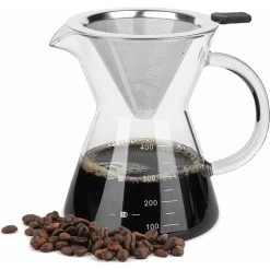 Pour Over Coffee Maker With Stainless Steel Filter, Borosilicate Glass Carafe Manual Coffee Dripper Brewer With Handle, No Paper Filters Needed Hand Drip Coffee Maker (400ml)