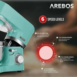 AREBOS Food Processor 1500 W Turquoise Kneading Machine With 2 X Stainless Steel Mixing Bowls Low Noise Kitchen Mixer With Mixing Hook, Dough Hook, Whisk And Splash Guard 6 Speeds -Kitchen Appliances Discounts 61306736 3