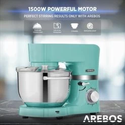 AREBOS Food Processor 1500 W Turquoise Kneading Machine With 2 X Stainless Steel Mixing Bowls Low Noise Kitchen Mixer With Mixing Hook, Dough Hook, Whisk And Splash Guard 6 Speeds -Kitchen Appliances Discounts 61306736 4
