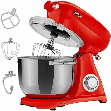 AREBOS Retro Food Processor 1800 W Red Kneading Machine With 6L Stainless Steel Mixing Bowl Low Noise Kitchen Mixer With Mixing Hook, Dough Hook, Whisk And Splash Guard 6 Speeds 3 AREBOS Retro Food Processor 1800 W Red Kneading Machine With 6L Stainless Steel Mixing Bowl Low Noise Kitchen Mixer With Mixing Hook, Dough Hook, Whisk And Splash Guard 6 Speeds