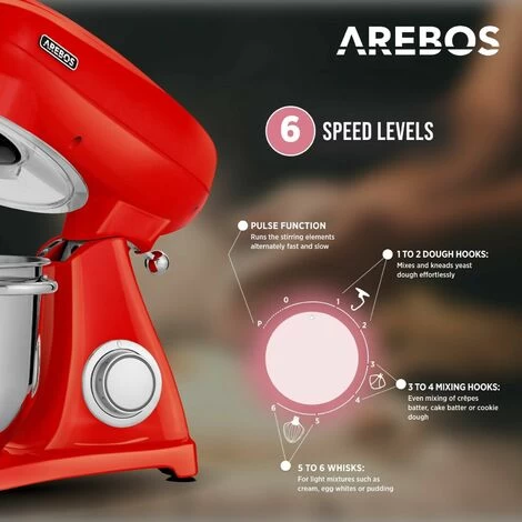 AREBOS Retro Food Processor 1800 W Red Kneading Machine With 6L Stainless Steel Mixing Bowl Low Noise Kitchen Mixer With Mixing Hook, Dough Hook, Whisk And Splash Guard 6 Speeds 5 AREBOS Retro Food Processor 1800 W Red Kneading Machine With 6L Stainless Steel Mixing Bowl Low Noise Kitchen Mixer With Mixing Hook, Dough Hook, Whisk And Splash Guard 6 Speeds - Image 3
