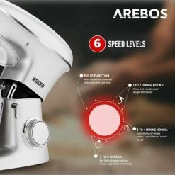 AREBOS Food Processor 1500 W Kneading Machine With 8 L Stainless Steel Mixing Bowl Low Noise Kitchen Mixer With Stirring Hook, Dough Hook, Whisk, Splash Guard 6 Speeds Dough Machine Silver -Kitchen Appliances Discounts 61306739 3
