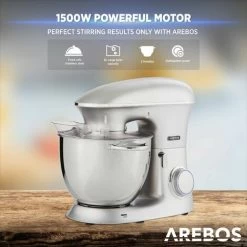 AREBOS Food Processor 1500 W Kneading Machine With 8 L Stainless Steel Mixing Bowl Low Noise Kitchen Mixer With Stirring Hook, Dough Hook, Whisk, Splash Guard 6 Speeds Dough Machine Silver -Kitchen Appliances Discounts 61306739 4