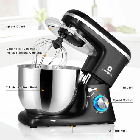 7L Stand Mixer Stainless Bowl Cake Mixer Electric 6 Speed Settings Food Mixer Machine Kitchen Mixer For Baking With Dough Hook, Whisk,Beater, Splash Guard Black 7 7L Stand Mixer Stainless Bowl Cake Mixer Electric 6 Speed Settings Food Mixer Machine Kitchen Mixer For Baking With Dough Hook, Whisk,Beater, Splash Guard Black - Image 5