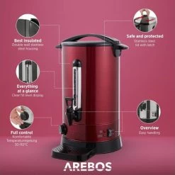 AREBOS Mulled Wine Cooker 1650 W Hot Drink Dispenser 20 L With Drip Tray, Outlet Tap, Thermostat And Overheating Protection Temperature Setting From 30 - 110 °C Red -Kitchen Appliances Discounts 63743229 3