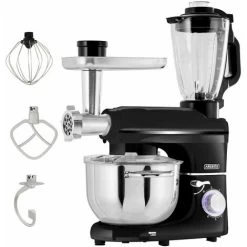 AREBOS 6-in-1 Food Processor 1500 W Black Meat Grinder Blender Pasta Machine Kneading Machine With Stainless Steel Bowl 5.5 L Kitchen Mixer With Mixing Hook, Dough Hook, Whisk, Splash Guard