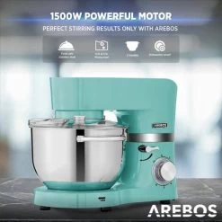 AREBOS Food Processor 1500 W Turquoise Kneading Machine With 2 X Stainless Steel Mixing Bowls 4.5 & 5.5 L Low Noise Kitchen Mixer With Mixing Hook, Dough Hook, Whisk And Splash Guard 6 Speeds -Kitchen Appliances Discounts 65711700 4