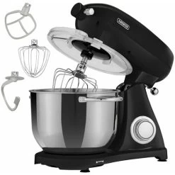 AREBOS Retro Food Processor 1800 W Black Kneading Machine With 6 L Stainless Steel Mixing Bowl Low Noise Kitchen Mixer With Stirring Hook, Dough Hook, Whisk And Splash Guard 6 Speeds