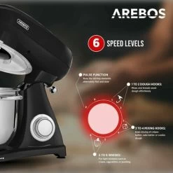 AREBOS Retro Food Processor 1800 W Black Kneading Machine With 6 L Stainless Steel Mixing Bowl Low Noise Kitchen Mixer With Stirring Hook, Dough Hook, Whisk And Splash Guard 6 Speeds -Kitchen Appliances Discounts 66438937 3