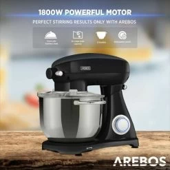 AREBOS Retro Food Processor 1800 W Black Kneading Machine With 6 L Stainless Steel Mixing Bowl Low Noise Kitchen Mixer With Stirring Hook, Dough Hook, Whisk And Splash Guard 6 Speeds -Kitchen Appliances Discounts 66438937 4