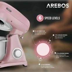 AREBOS Retro Kitchen Machine 1800W Pink Mixer With 6L Stainless Steel Mixing Bowl Silent Kitchen Mixer With Mixing Hook, Dough Hook, Whisk And Splash Guard 6 Speeds -Kitchen Appliances Discounts 66438938 3