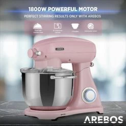 AREBOS Retro Kitchen Machine 1800W Pink Mixer With 6L Stainless Steel Mixing Bowl Silent Kitchen Mixer With Mixing Hook, Dough Hook, Whisk And Splash Guard 6 Speeds -Kitchen Appliances Discounts 66438938 4