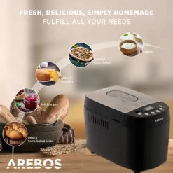 AREBOS Machine à Pain 1500g Avec 15 Programmes 2 Crochets Pétrisseurs Minuterie écran LCD 3 Degrés De Brunissage Et Tailles De Pain 850 W Noir -Kitchen Appliances Discounts 66438941 2