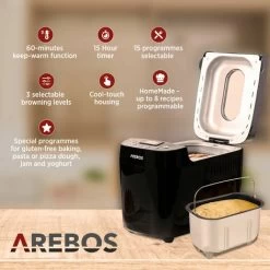 AREBOS Machine à Pain 1500g Avec 15 Programmes 2 Crochets Pétrisseurs Minuterie écran LCD 3 Degrés De Brunissage Et Tailles De Pain 850 W Noir -Kitchen Appliances Discounts 66438941 3
