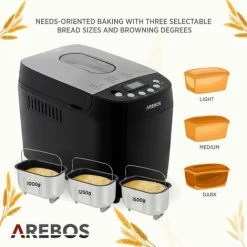 AREBOS Machine à Pain 1500g Avec 15 Programmes 2 Crochets Pétrisseurs Minuterie écran LCD 3 Degrés De Brunissage Et Tailles De Pain 850 W Noir -Kitchen Appliances Discounts 66438941 4