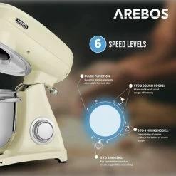 AREBOS Retro Food Processor 1800 W Cream Kneading Machine With 6L Stainless Steel Mixing Bowl Low Noise Kitchen Mixer With Mixing Hook, Dough Hook, Whisk And Splash Guard 6 Speeds -Kitchen Appliances Discounts 66438943 3