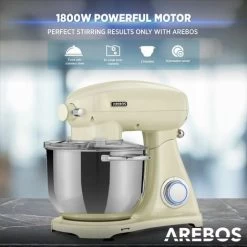 AREBOS Retro Food Processor 1800 W Cream Kneading Machine With 6L Stainless Steel Mixing Bowl Low Noise Kitchen Mixer With Mixing Hook, Dough Hook, Whisk And Splash Guard 6 Speeds -Kitchen Appliances Discounts 66438943 4