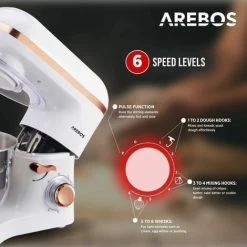 AREBOS Stand Mixer 1500W With 6L Stainless Steel Mixing Bowl White Rose Gold Incl. Mixing Hook, Dough Hook, Whisk Splash Guard 6 Speeds Kneading Machine Dough Machine -Kitchen Appliances Discounts 67421057 3