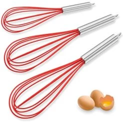 Silicone Whisk, Balloon Whisk Set, Wire Whisk, Egg Frother, Milk And Egg Beater Blender-Kitchen Utensils For Blending, Whisking, Beating, Stirring, Set Of 3, Red