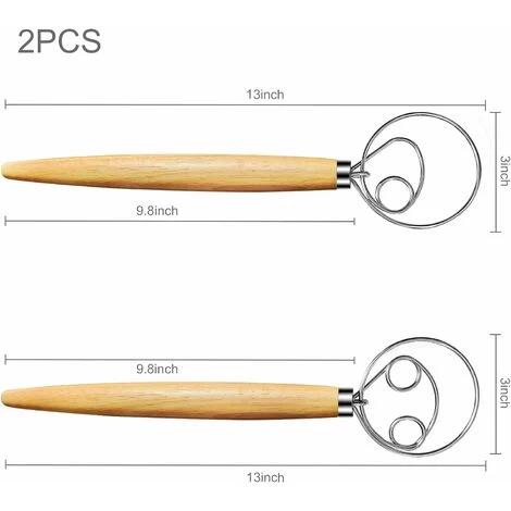 2Pcs Danish Dough Whisk, Bread Whisk, Dutch Whisk, Wooden Danish Whisk, 13 Inch Premium Stainless Steel Pastry Whisks, Whisk Kitchen Tool For Bread, Batter, Cake 4 2Pcs Danish Dough Whisk, Bread Whisk, Dutch Whisk, Wooden Danish Whisk, 13 Inch Premium Stainless Steel Pastry Whisks, Whisk Kitchen Tool For Bread, Batter, Cake - Image 2