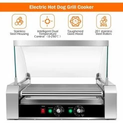 COSTWAY 1400W Hot Dog Roller Machine, 11 Rollers Sausage Grill With 2 Heating Zones, 0-250Â¡Ã£C Temperature Adjustment & Tempered Glass Hood, Stainless Steel Electric Roller For Commercial Household -Kitchen Appliances Discounts 74656372 4