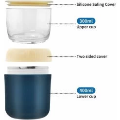 Cereal Bowl With Separate Container 400ml Cereal Bowl Yoghurt Coffee Mug Leak Proof Plastic Cup For Breakfast Picnic Travel (Blue) -Kitchen Appliances Discounts 78699298 2