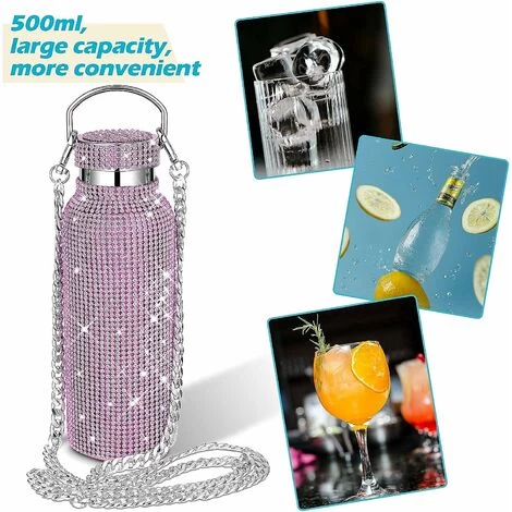 Refillable Water Bottle Insulated Water Bottle Glitter Water Bottle With Chain For Women (Pink, Silver, 750ml) 5 Refillable Water Bottle Insulated Water Bottle Glitter Water Bottle With Chain For Women (Pink, Silver, 750ml) - Image 3