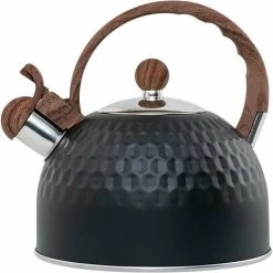 Induction Whistling Kettle 2.5L Black Kettle With Heat Resistant Wooden Handle Vintage Stainless Steel For Induction Cookers Gas Stoves Wood Stoves