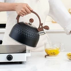 Induction Whistling Kettle 2.5L Black Kettle With Heat Resistant Wooden Handle Vintage Stainless Steel For Induction Cookers Gas Stoves Wood Stoves -Kitchen Appliances Discounts 85991434 5