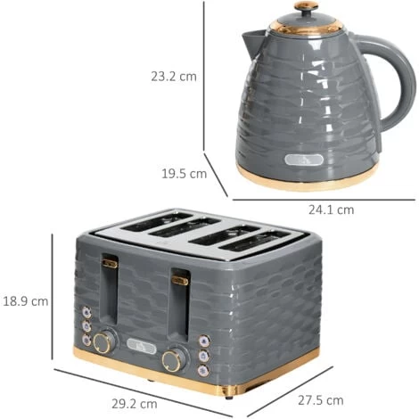 HOMCOM Kettle And Toaster Sets 1.7L Kettle & 4 Slice Toaster W/ Browning Control Grey 4 HOMCOM Kettle And Toaster Sets 1.7L Kettle & 4 Slice Toaster W/ Browning Control Grey - Image 2