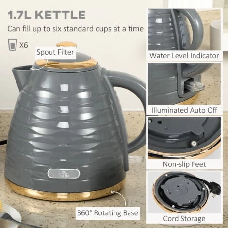 HOMCOM Kettle And Toaster Sets 1.7L Kettle & 4 Slice Toaster W/ Browning Control Grey 6 HOMCOM Kettle And Toaster Sets 1.7L Kettle & 4 Slice Toaster W/ Browning Control Grey - Image 4