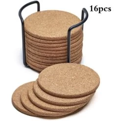 16 Piece Round Natural Cork Coasters Absorbent Eco-Friendly Heat Resistant Reusable
