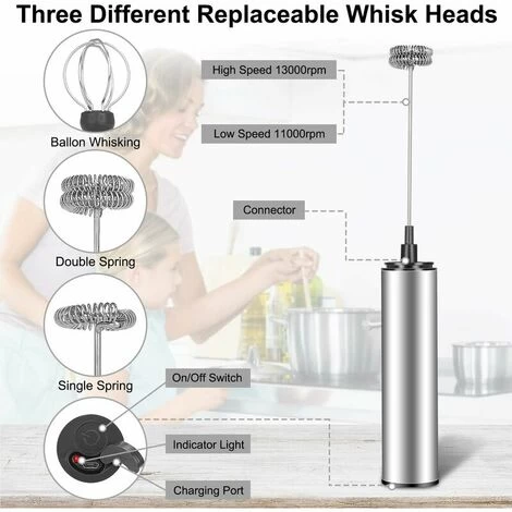 Electric Milk Frother, USB Rechargeable Milk Frother And Mini Beater With Dual Head Whisk, Stainless Steel Mixer For Coffee Cream Cappuccino Latte Cocktails Juice 4 Electric Milk Frother, USB Rechargeable Milk Frother And Mini Beater With Dual Head Whisk, Stainless Steel Mixer For Coffee Cream Cappuccino Latte Cocktails Juice - Image 2