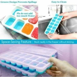 LITZEE Drinkware Accessories Ice Cube Tray 4 PCS Silicone Ice Cubes With Lid Ice Cube Tray 14 Compartments For Whiskey, Cocktail, Drinks, White+Blue -Kitchen Appliances Discounts 96306927 3